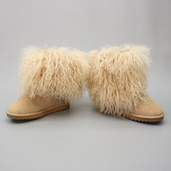 Alugg Ladies 7 Curly Lamb Hair Sheep Tan Suede Sheepskin Winter Short Booties - Picture 12 of 12